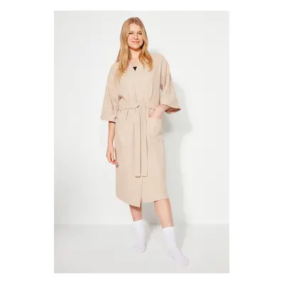 Trendyol Stone Belted Textured Knitted Dressing Gown