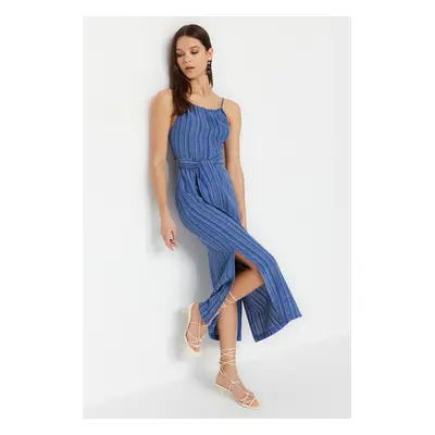 Trendyol Indigo Belted Straight Cut Slit Detailed Midi Woven Dress