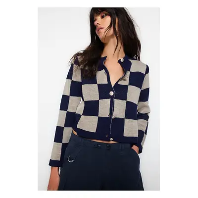 Trendyol Navy Blue Plaid / kockás kötöttáru Cardigan