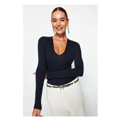 Trendyol Navy Blue Deep V-Neck Snap-On Knitted Body