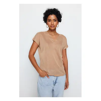 Trendyol Beige V-Neck Linen Look Regular Fit Knitted T-Shirt