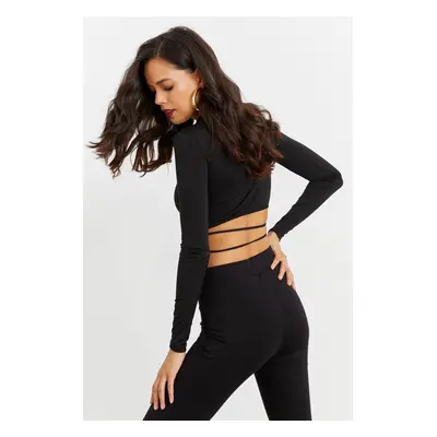 Cool & Sexy Women's Black Open Waist Crop Blouse IO115