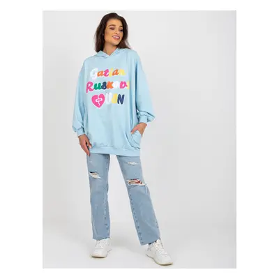 Light blue long sweatshirt with inscriptions and hood