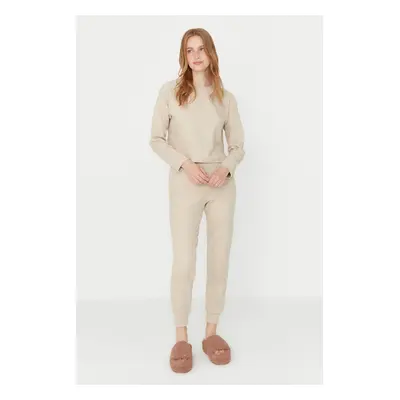 Trendyol Beige Soft Touch Ribbed Knitted Pajama Set