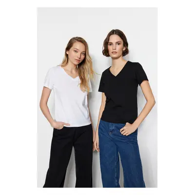 Trendyol Black and White 100% Cotton 2-Pack Basic V-Neck Knitted T-Shirt