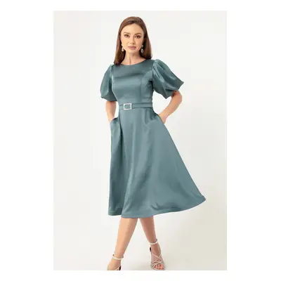 Lafaba Women's Turquoise Balloon Sleeves Stone Belted Mini Satin Evening Dress