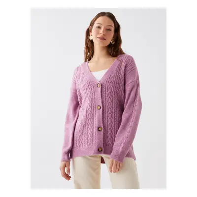 LC Waikiki Women's V-Neck Self Patterned Long Sleeve Knitwear Cardigan