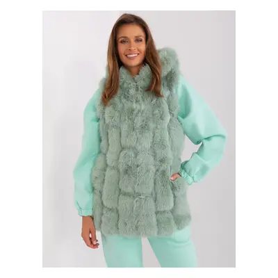 Pistachio fur vest with zipper and hood