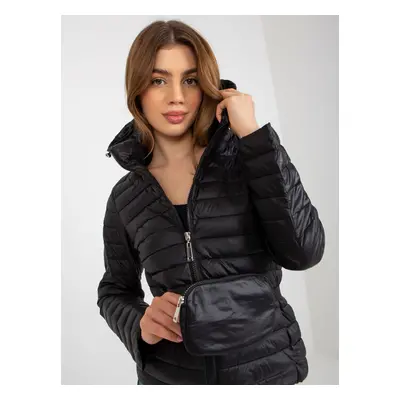 Black transitional quilted jacket with bag and hood