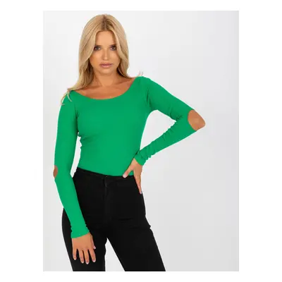 RUE PARIS green ribbed basic blouse with cutouts at elbows