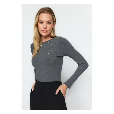 Trendyol Anthracite Stone Detailed Ribbed Flexible Snaps Knitted Bodysuit