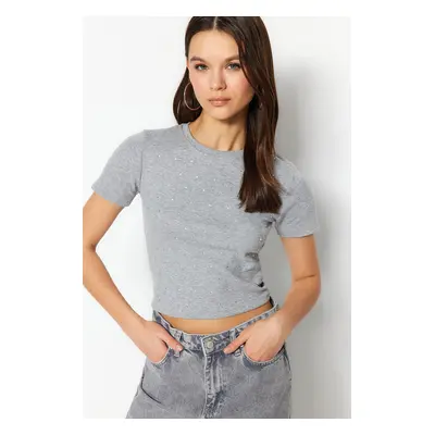 Trendyol Gray Melange Stone Detail Fitted/Situated Crew Neck, Flexible Knitted Cotton T-Shirt