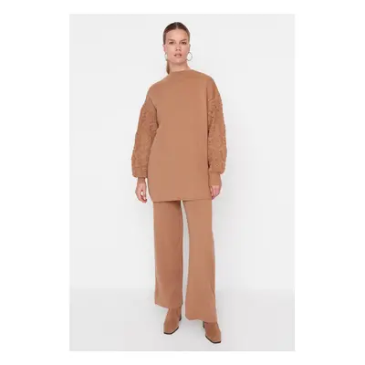 Trendyol Beige Sleeves With Openwork Braided Sweater-Pants Knitwear Suit