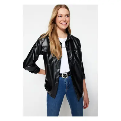 Trendyol Black Casual Fit Faux Leather Shirt With Pocket