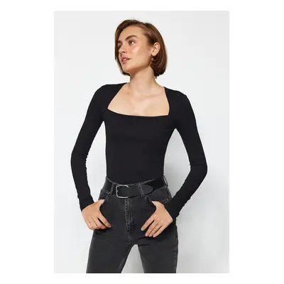 Trendyol Black Cotton Stretchy Square Neck Fitted Blouse