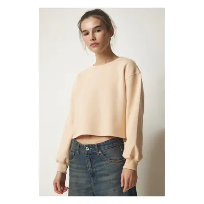 Happiness İstanbul Women's Cream Crew Neck Raised Crop Knitted Sweatshirt