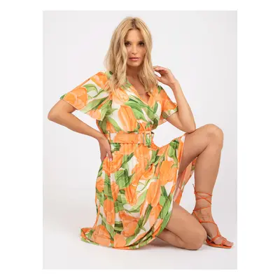 Floral pleated dress in in orange and green