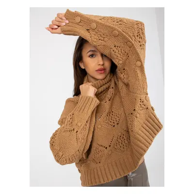 Camel openwork sweater with turtleneck and wide sleeves