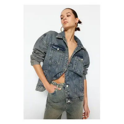 Trendyol Blue Faded Effect Vintage Oversize Denim Jacket