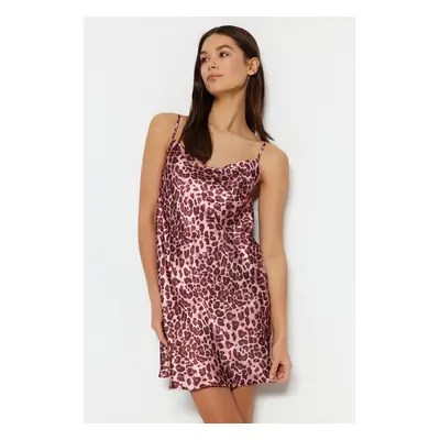 Trendyol Pink Leopard Patterned Rope Strap Degaje Collar Satin Woven Nightdress