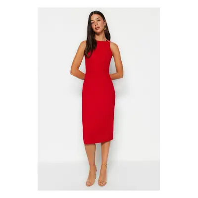 Trendyol Red Fitted Midi Pencil Skirt Woven Dress with Accessory Detail on the Collar