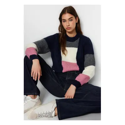 Trendyol Navy Blue Soft Textured Color Block Crew Neck Knitwear Sweater