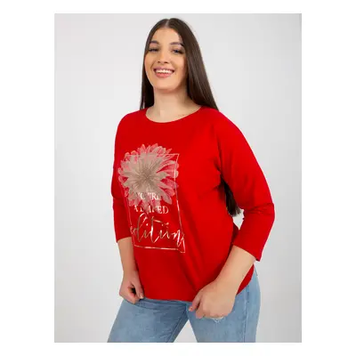 Red plus size blouse with lettering and appliqué