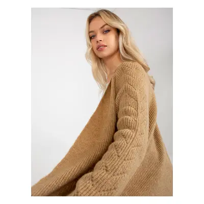 Camel maxi cardigan with openwork pattern