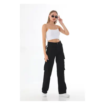 BİKELİFE Women's Black High Waist Multi Pockets Strap Detail Straight Fit Cargo Pants