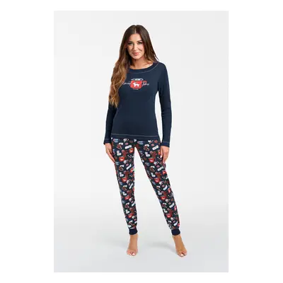 Makala women's pajamas long sleeves, long pants - navy blue/print