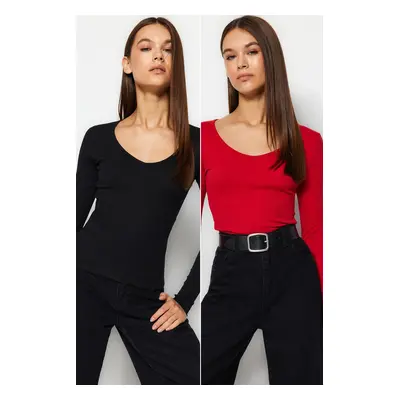 Trendyol Black-Red 2-Pack V-Neck Fitted Cotton Stretchy Knitted Blouse