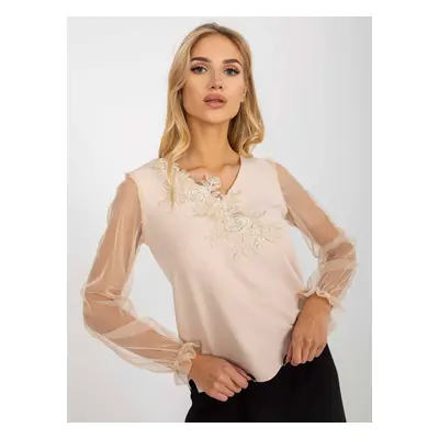 Beige formal blouse with mesh sleeves