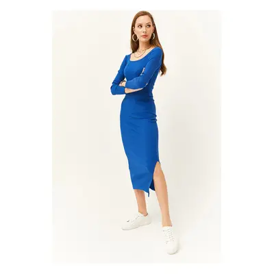 Olalook Women's Saxon Blue Open Collar Long Sleeved Blouse and Slit Skirt Set