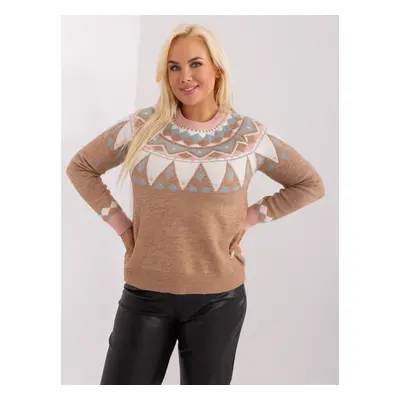 Dark beige women's plus size sweater with patterns