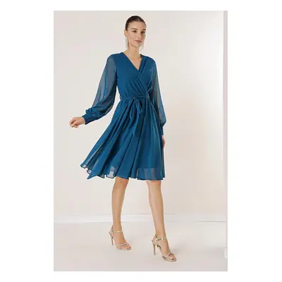 By Saygı Double Breasted Neck Long Sleeve Lined Chiffon Dress