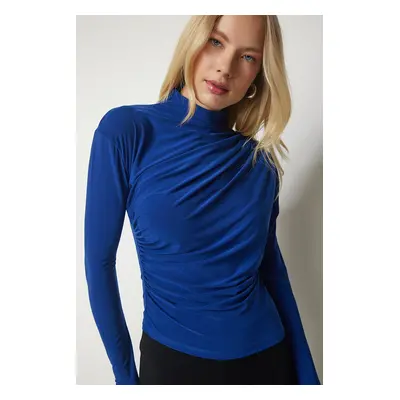 Happiness İstanbul Women's Blue Gathered Detailed High Neck Sandy Blouse