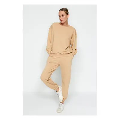 Trendyol Beige Regular/Normal fit Basic Low Shoulders Thick Knitted Tracksuit Set