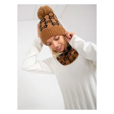 Women's camel and black winter hat with pompom