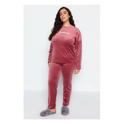 Trendyol Curve Pale Pink Velvet Crew Neck Knitted Pajamas Set