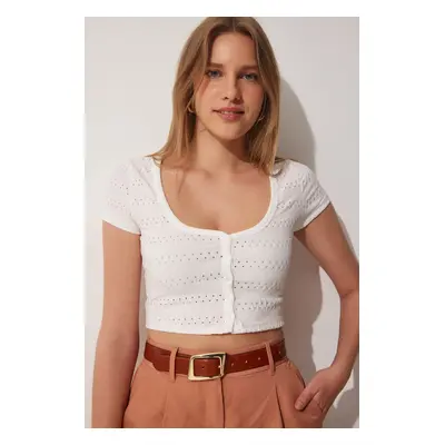 Happiness İstanbul Women's White U Neck Openwork Crop Knitted Blouse