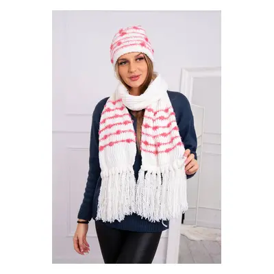 Ladies set with scarf Anika K304 ecru + raspberry