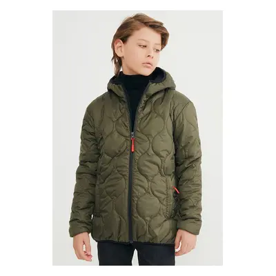 River Club Boy's Onion Patterned Fiber Inside Water and Windproof Khaki Hooded Coat