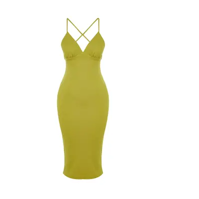 Trendyol Oil Green Fitted Knitted Evening Dress