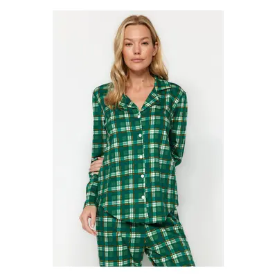 Trendyol Green 100% Cotton Check Shirt-Pants Knitted Pajamas Set