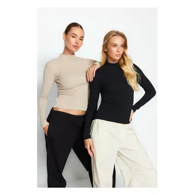 Trendyol 2-Pack Black-Beige Ribbed High Neck Fitted/Sleeping Long Sleeve Elastic Knitted Blouse