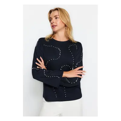 Trendyol Navy Blue Stone Detailed Thessaloniki/Knitwear Look Regular/Normal Fit Knitted Sweatshi