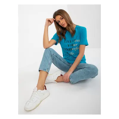 Women's blue cotton T-shirt with slogans