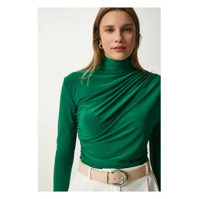 Happiness İstanbul Women's Green Gathered Detailed High Neck Sandy Blouse