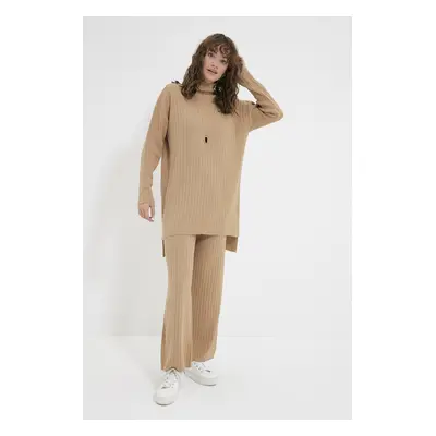 Trendyol Camel Half Turtleneck Ribbed Sweater-Pants Knitwear Suit