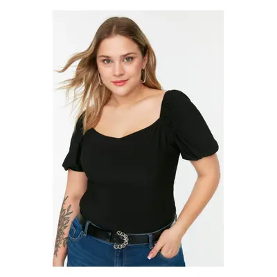 Trendyol Curve Black Heart Neck Balloon Sleeve Knitted Blouse